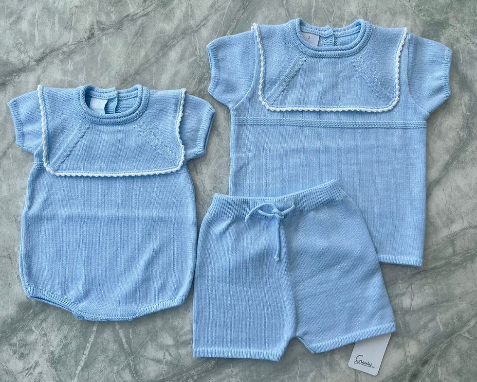 Thumbnail: Granlei blue fine knit top and shorts with nautical style collar trimmed in white