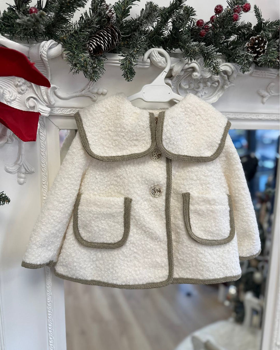 Fofettes cream boucle coat with khaki stitched trims, marble buttons, sailor style collar and two front pockets