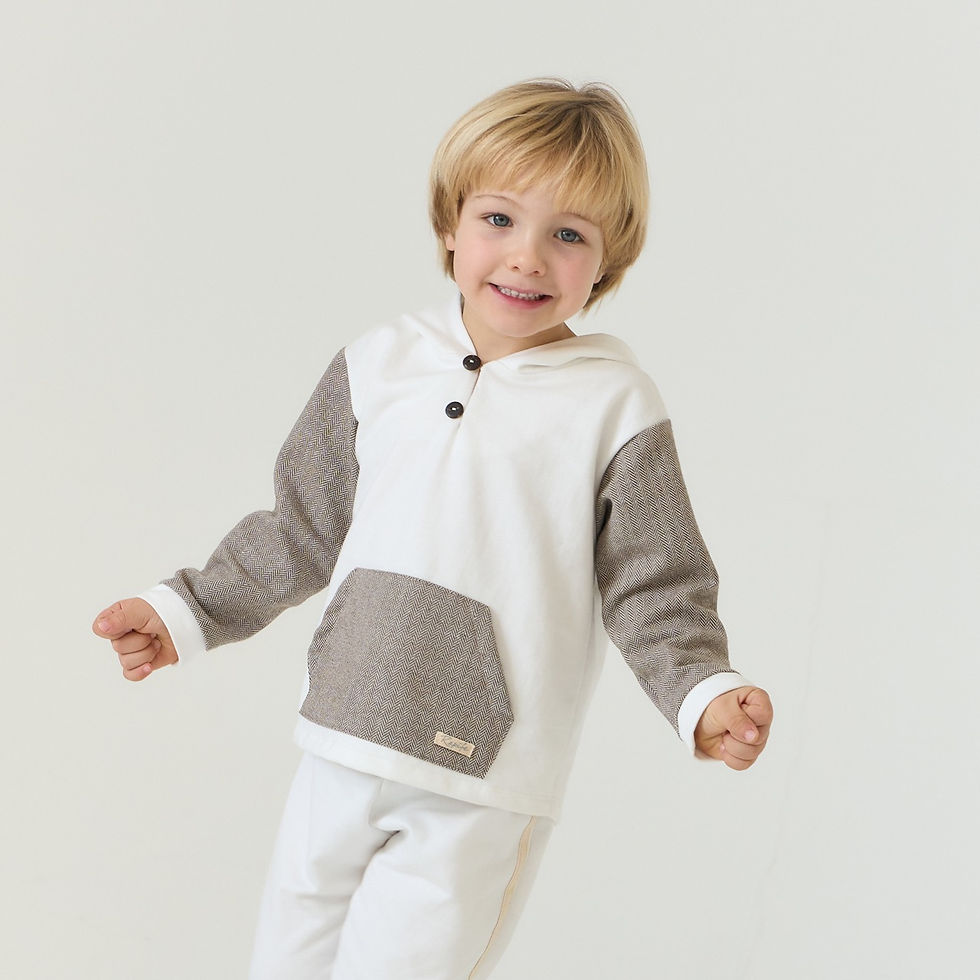 Rapife white hooded jog set with brown herringbone sleeves and front pocket