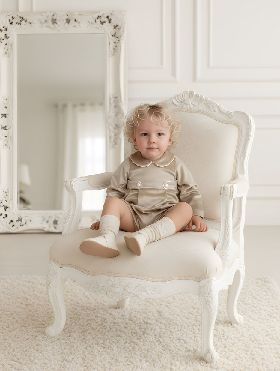 Thumbnail: Fofettes beige velvet romper with cream piping trims and Peter Pan collar