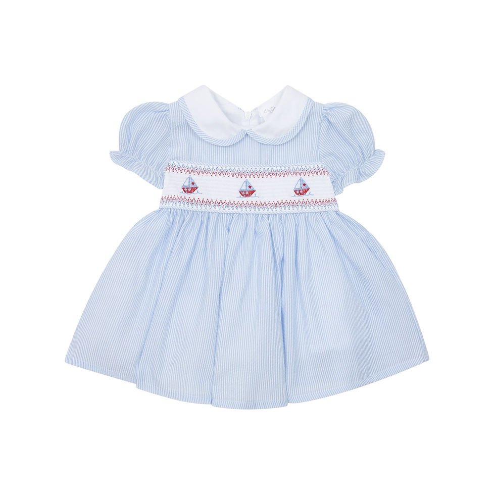 Deolinda blue and white seersucker dress with sailboat embroidered smock chest