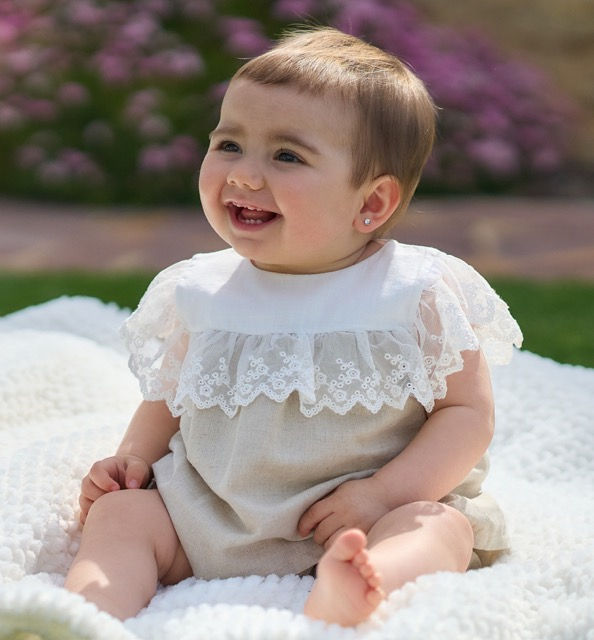 Rapife beige linen blend short set with a white squared chest collar trimmed by white lace