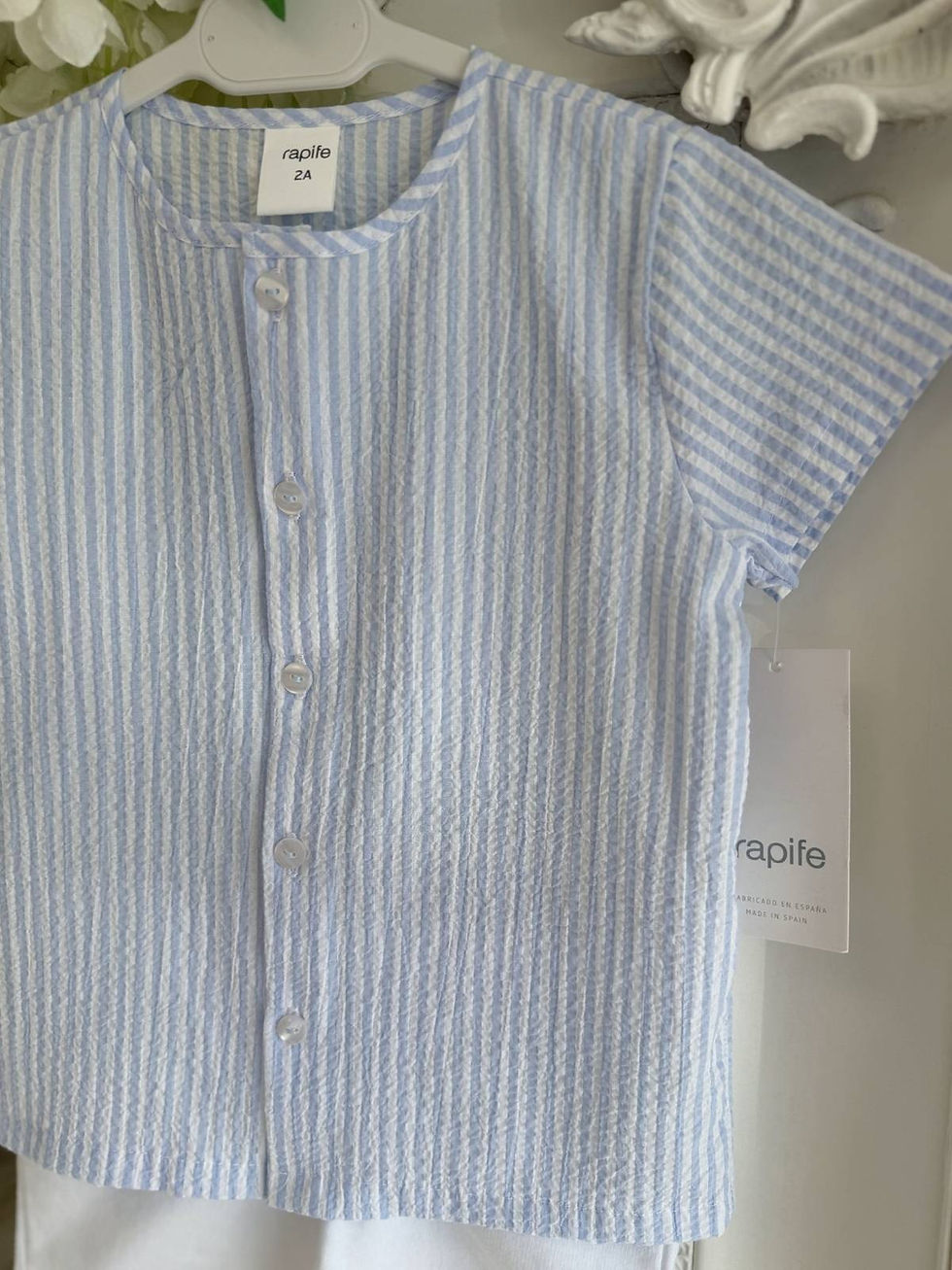 Thumbnail: Rapife blue and white seersucker top and white jersey shorts
