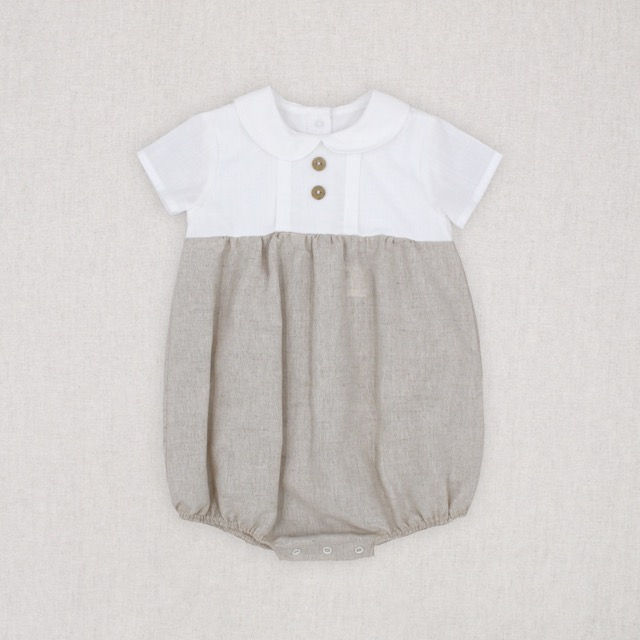 Rapife boys linen blend beige and white romper with a Peter Pan collar