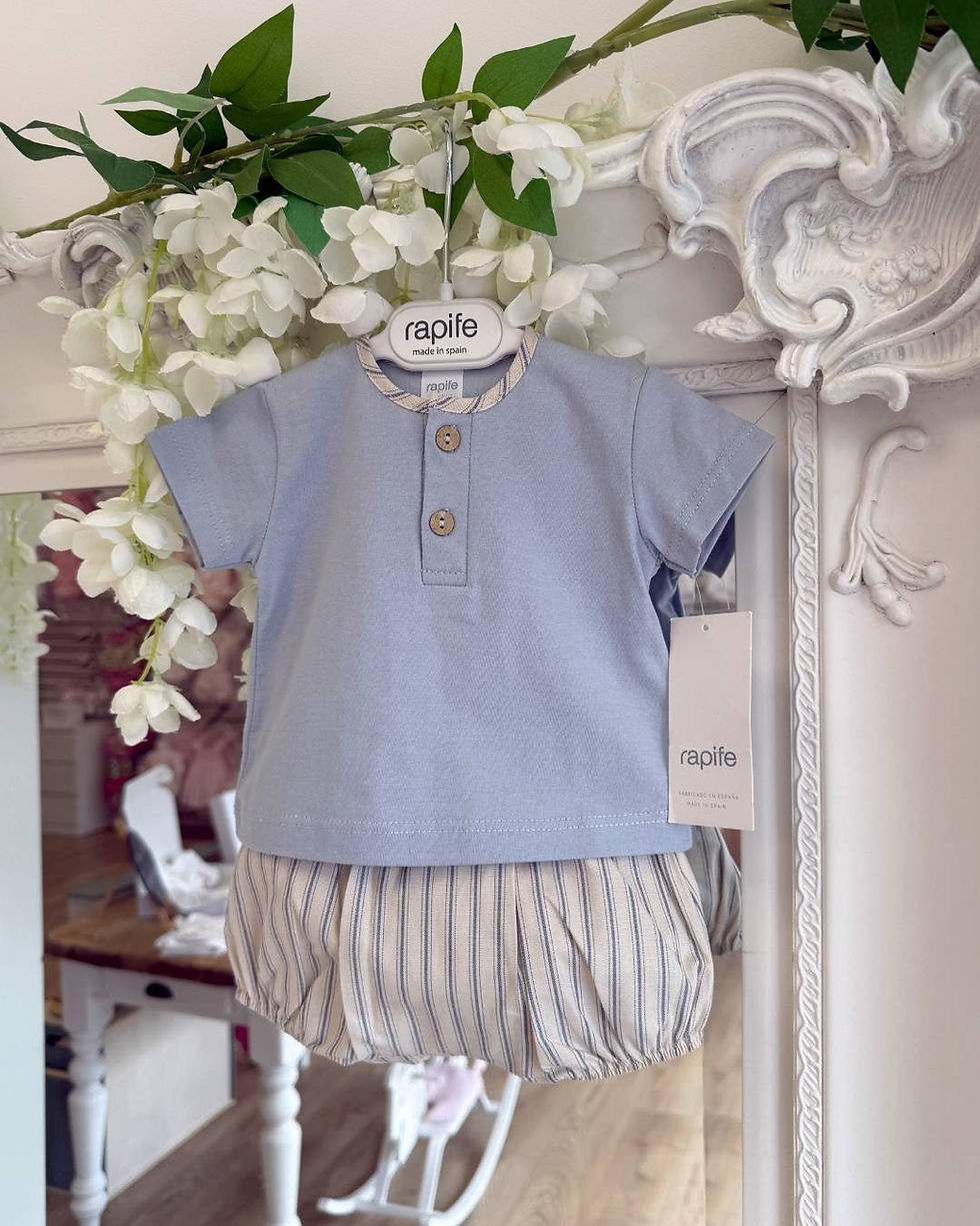 Rapife Sol baby stripe shorts in blue and beige with a matching blue tee with the stripe neck trim