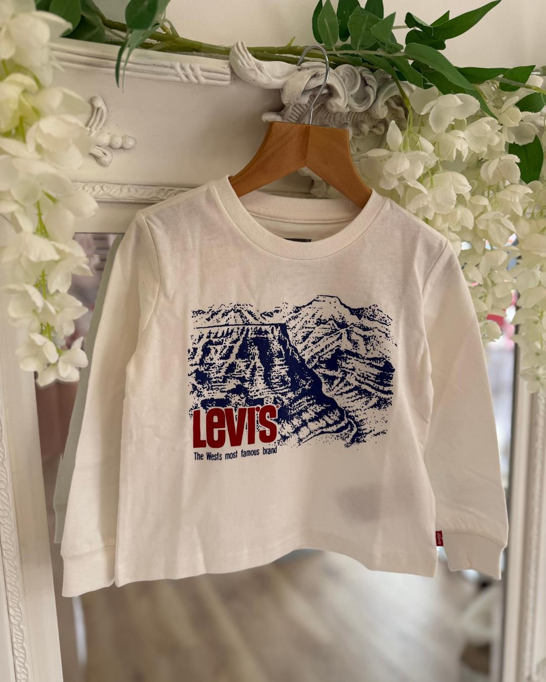 Levi's white long sleeved top with canyon print image in blue with red text