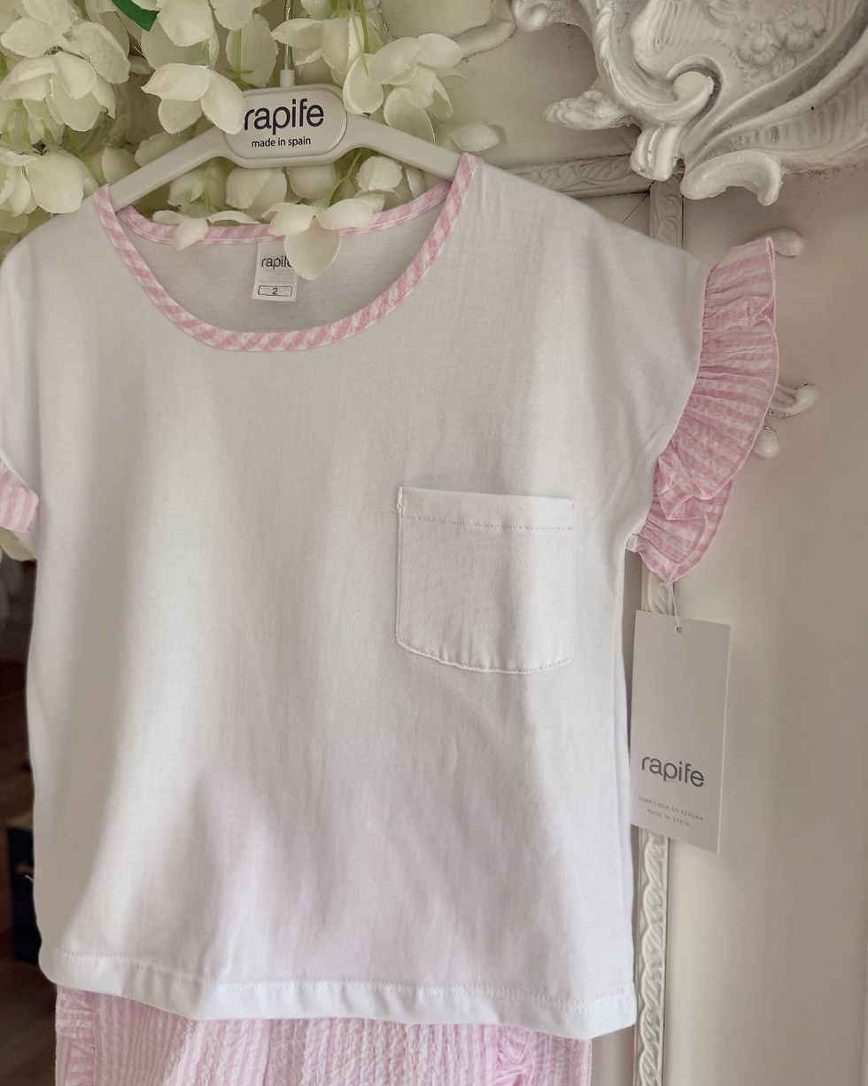 Rapife pink and white seersucker stripe shorts with a white t-shirt with frill stripe detailing