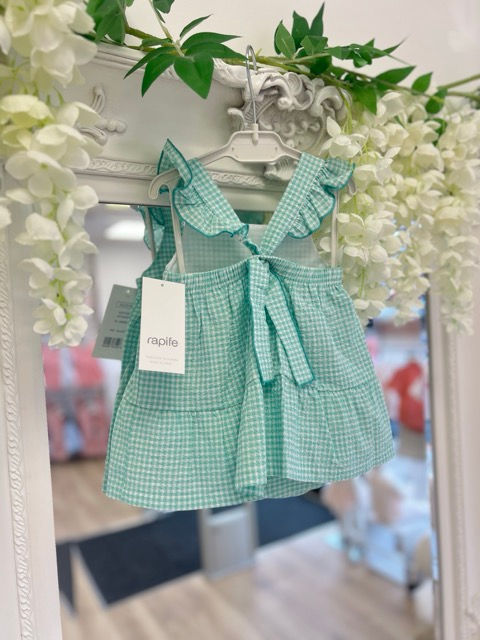 Rapife vibrant green gingham dress with frill tied straps 6-24m comes with pants