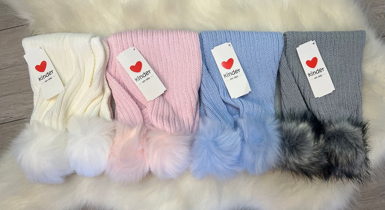 kinder knit scarfs with faux fur poms