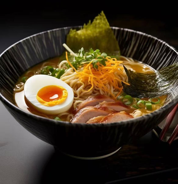 碗里的拉面，半个煮鸡蛋，鸡肉，海苔和葱，美味的日本料理