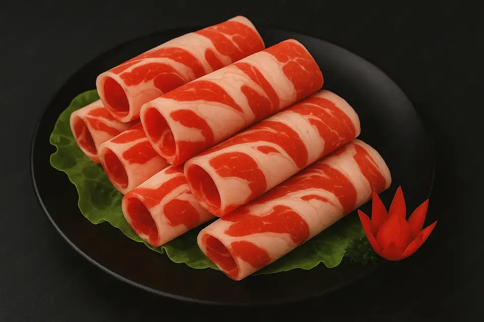 Raw, thinly sliced marbled beef rolls on green lettuce, black plate.
