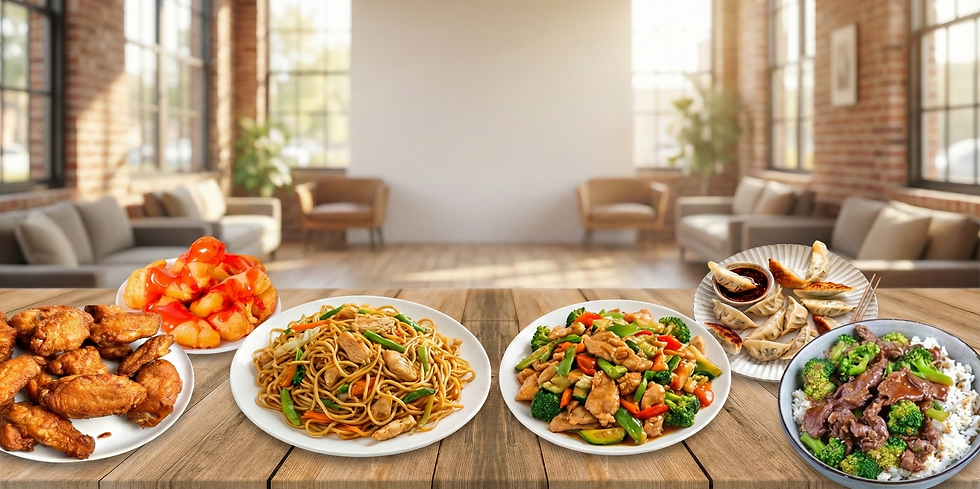 Various Chinese dishes arranged on a wooden table in home setting.