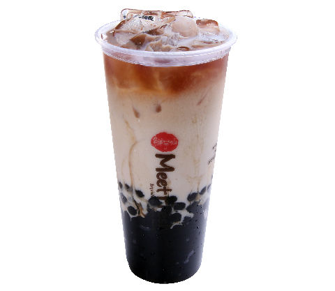 Iced bubble tea drink with visible text of Meet brand logo