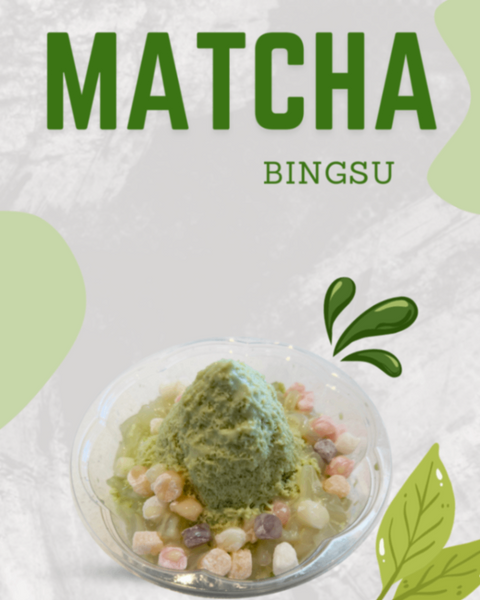 Matcha Bingsu dessert bowl, green matcha ice with colorful mochi balls.