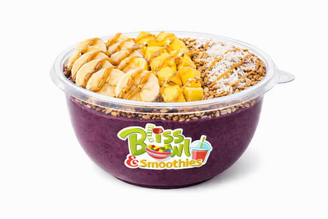 Bliss Bowl & Smoothies acai bowl with bananas, mango, granola