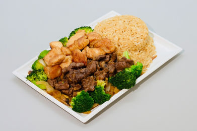 Chicken, beef, broccoli, and fried rice