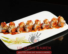 Sushi roll plate with Us Sushi Ramen text all over Home delicious food