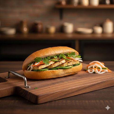 木板上的越南三明治，配有蔬菜，看起来新鲜美味，背景是厨房。