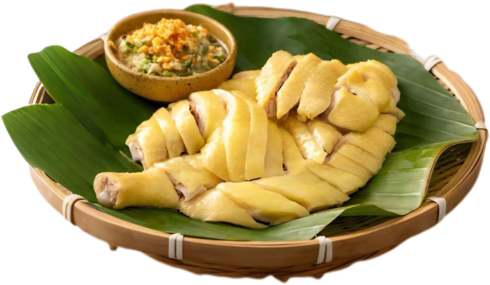 竹篮里一盘美味的白斩鸡，配有蘸酱，放在绿色的叶子上。