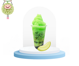 Green Ku-Tea drink with melon slice on display with melon cartoon