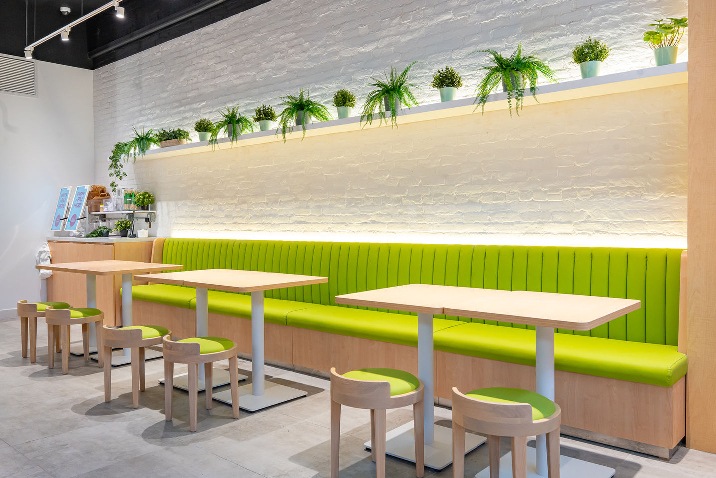 Bright cafe interior with green bench, wooden tables, and potted plants.