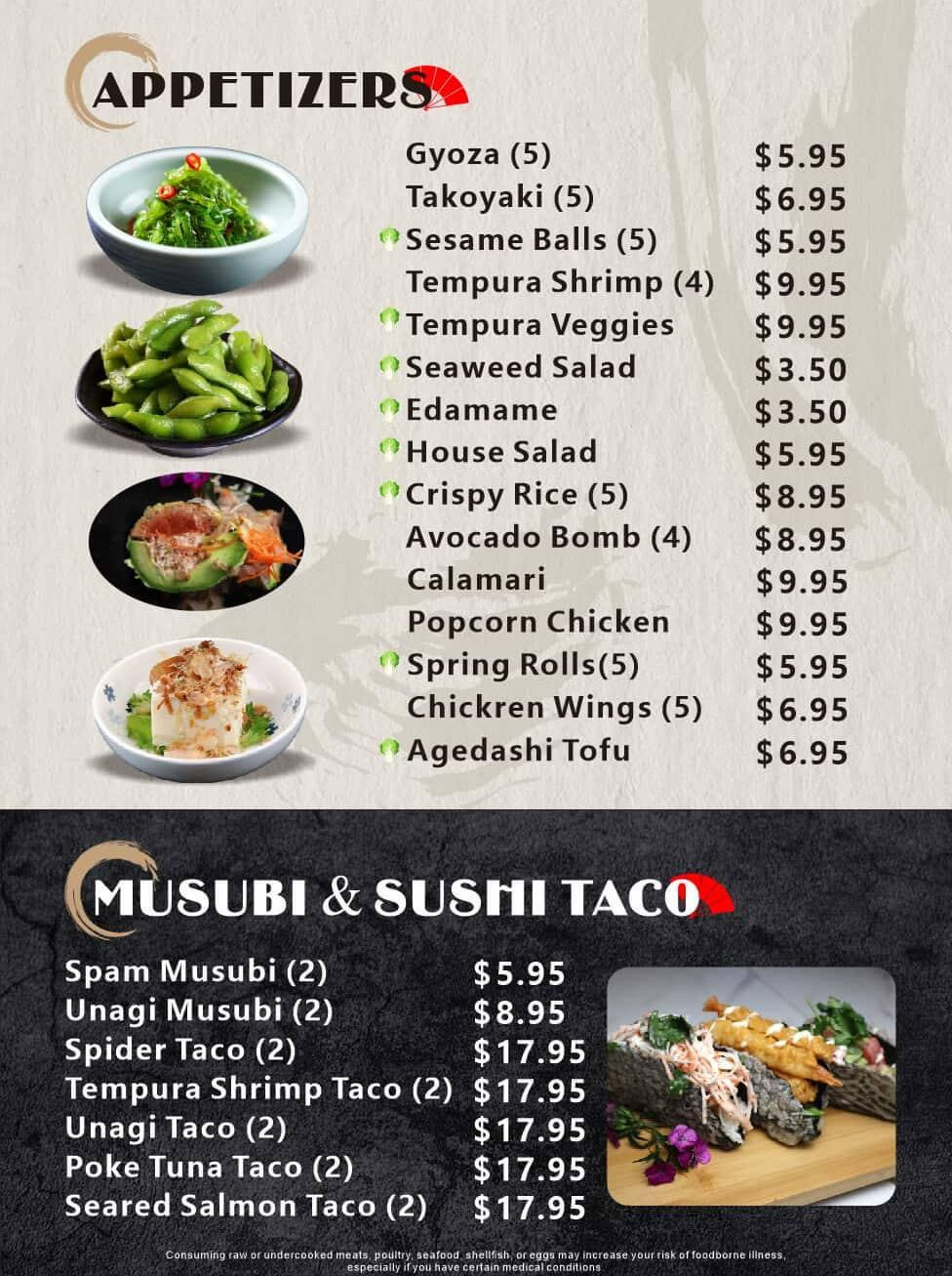 Appetizers and Musubi menu with sushi, prices, and various food items.