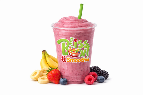 Bliss Bowl & Smoothie, pink smoothie with fresh fruit