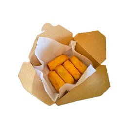 Crispy golden fried rolls served in an open cardboard takeout box.