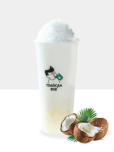 一杯冰爽的饮料,Tsaocaa 标志,椰子壳和叶子,SobaEra • Tsaocaa