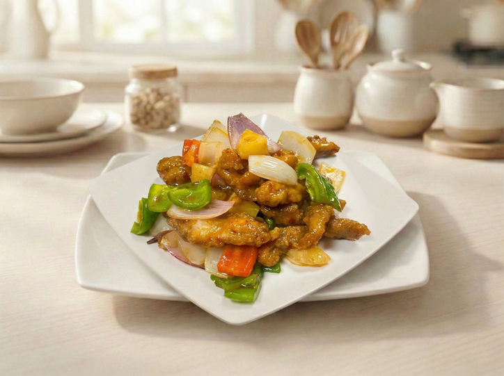 Delicious sweet and sour chicken stir-fry with peppers and pineapple.