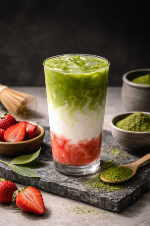 Layered strawberry milk and matcha drink with fresh strawberries and matcha powder