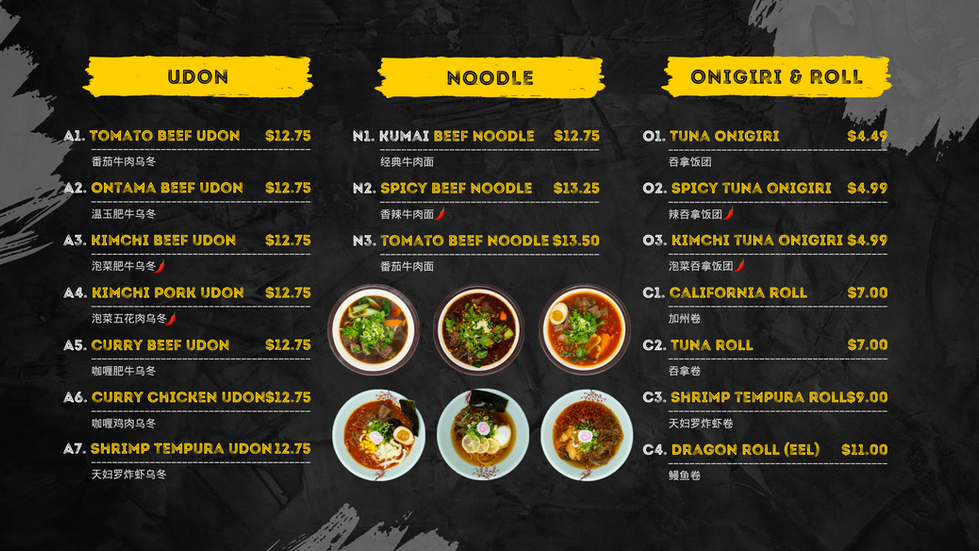 Restaurant MENU displaying various noodle dishes, prices, and sushi options.