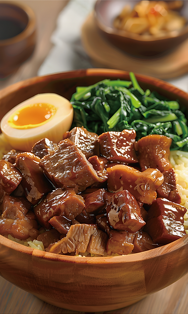 Braised pork belly with egg, rice and vegetables, Meet dumpling & noodle
