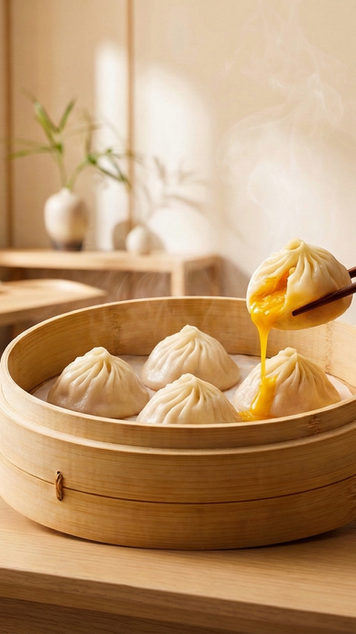 Chopsticks lift a steaming soup dumpling with spilling broth from a bamboo steamer.