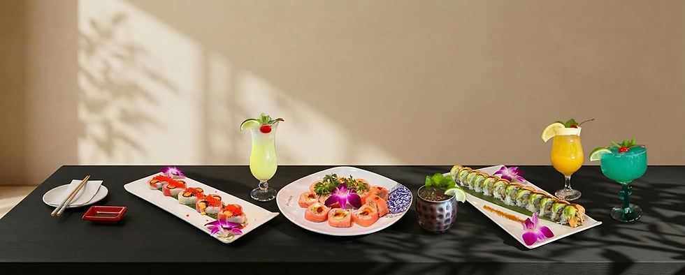Three colorful sushi platters and vibrant cocktails on a dark table.