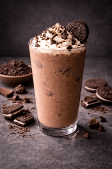 Chocolate Oreo milkshake with whipped cream, cookie crumbs, and whole Oreos.