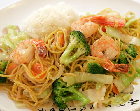 Shrimp, noodles, rice, and vegetables plate. Teriyaki Plus is visible, delicious food.