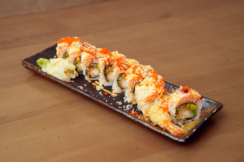 Sushi roll with shrimp and roe, ginger, Yoi Sushi, on plate