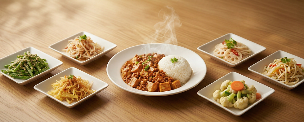 Steaming mapo tofu and rice on a white plate