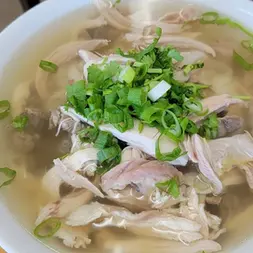 一碗鸡肉粉，配有绿葱和鸡肉。Chicken pho you 美味佳肴。