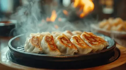 盘子里冒着热气的煎饺，金黄酥脆的煎饺，美味可口的食物，Yummy Bowl。