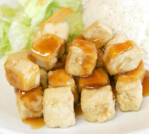 Fried tofu with teriyaki sauce and rice on a plate and lettuce.