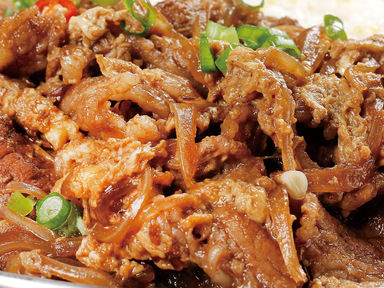 Close up of delicious food with onions and some green garnish