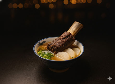 碗里的牛肉汤，配有萝卜和豌豆，美食摄影，美味佳肴。