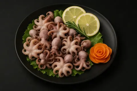 Cooked baby octopuses on lettuce, lemon slices, rosemary, and carrot garnish.