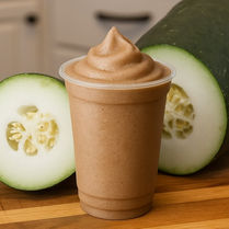 一杯冰沙和切开的冬瓜,放在木板上,背景有冬瓜。