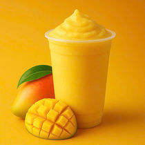 一杯芒果冰沙,旁边放着芒果和叶子,背景是鲜艳的黄色