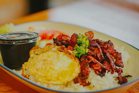Delicious dish with rice, egg, meat, and sauce, presented on a plate. Nami Asian Noodle Bar.