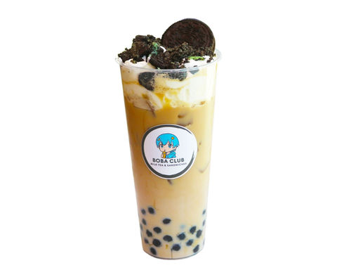 Tall boba drink with Oreo topping and Boba Club logo on the cup.