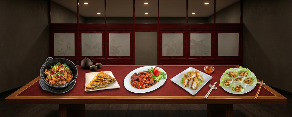 Assortment of Chinese dishes: pancakes, saucy chicken, fried fish